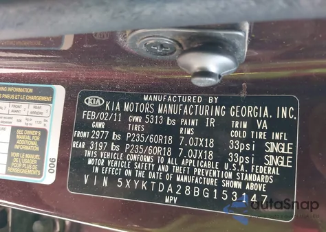 2011 Kia Sorento Lx V6 из США, поврежденный, VIN 5XYKTDA28BG153147